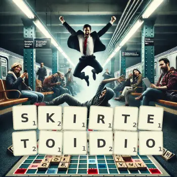 Kreatywna ilustracja do gry w Scrabble ze słowem SKIRTETOIDIO ułożonym z płytek na planszy.