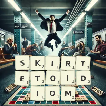 Kreatywna ilustracja do gry w Scrabble ze słowem SKIRTETOIDIOM ułożonym z płytek na planszy.