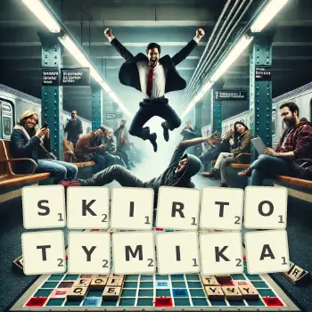 Kreatywna ilustracja do gry w Scrabble ze słowem SKIRTOTYMIKA ułożonym z płytek na planszy.