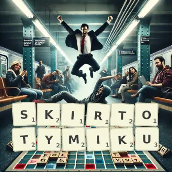 Kreatywna ilustracja do gry w Scrabble ze słowem SKIRTOTYMIKU ułożonym z płytek na planszy.
