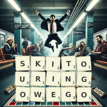 Kreatywna ilustracja do gry w Scrabble ze słowem SKITOURINGOWEGO ułożonym z płytek na planszy.