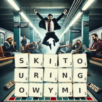 Kreatywna ilustracja do gry w Scrabble ze słowem SKITOURINGOWYMI ułożonym z płytek na planszy.