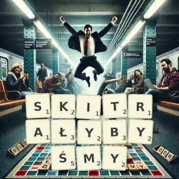 Kreatywna ilustracja do gry w Scrabble ze słowem SKITRAŁYBYŚMY ułożonym z płytek na planszy.