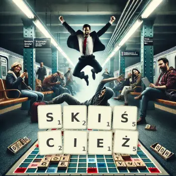 Kreatywna ilustracja do gry w Scrabble ze słowem SKIŚCIEŻ ułożonym z płytek na planszy.