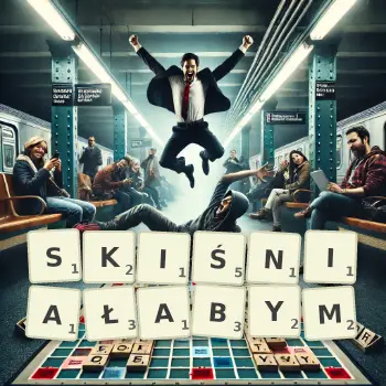 Kreatywna ilustracja do gry w Scrabble ze słowem SKIŚNIAŁABYM ułożonym z płytek na planszy.