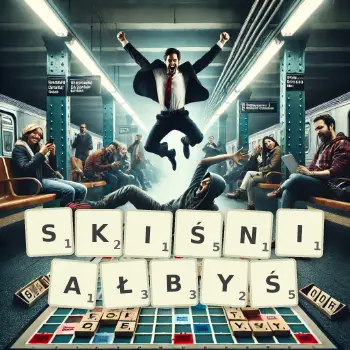 Kreatywna ilustracja do gry w Scrabble ze słowem SKIŚNIAŁBYŚ ułożonym z płytek na planszy.
