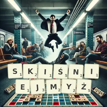 Kreatywna ilustracja do gry w Scrabble ze słowem SKIŚNIEJMYŻ ułożonym z płytek na planszy.