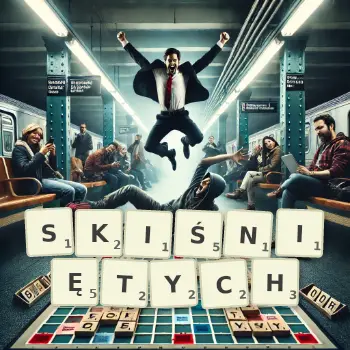 Kreatywna ilustracja do gry w Scrabble ze słowem SKIŚNIĘTYCH ułożonym z płytek na planszy.