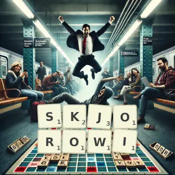 Kreatywna ilustracja do gry w Scrabble ze słowem SKJOROWI ułożonym z płytek na planszy.