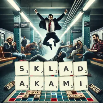 Kreatywna ilustracja do gry w Scrabble ze słowem SKLADAKAMI ułożonym z płytek na planszy.