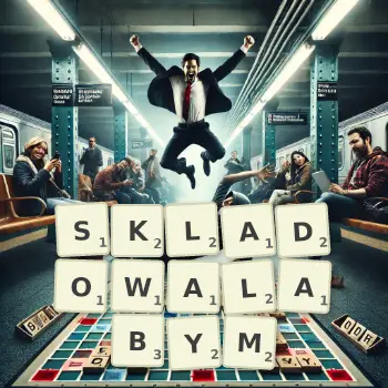 Kreatywna ilustracja do gry w Scrabble ze słowem SKLADOWALABYM ułożonym z płytek na planszy.