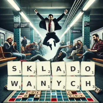 Kreatywna ilustracja do gry w Scrabble ze słowem SKLADOWANYCH ułożonym z płytek na planszy.