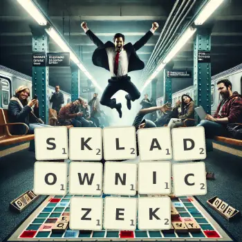 Kreatywna ilustracja do gry w Scrabble ze słowem SKLADOWNICZEK ułożonym z płytek na planszy.