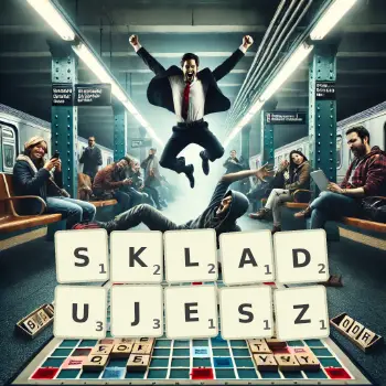 Kreatywna ilustracja do gry w Scrabble ze słowem SKLADUJESZ ułożonym z płytek na planszy.