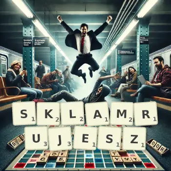 Kreatywna ilustracja do gry w Scrabble ze słowem SKLAMRUJESZ ułożonym z płytek na planszy.