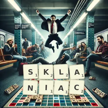 Kreatywna ilustracja do gry w Scrabble ze słowem SKLANIAC ułożonym z płytek na planszy.