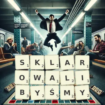 Kreatywna ilustracja do gry w Scrabble ze słowem SKLAROWALIBYŚMY ułożonym z płytek na planszy.