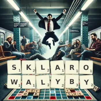 Kreatywna ilustracja do gry w Scrabble ze słowem SKLAROWALYBY ułożonym z płytek na planszy.