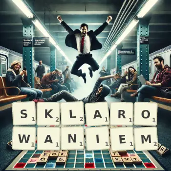 Kreatywna ilustracja do gry w Scrabble ze słowem SKLAROWANIEM ułożonym z płytek na planszy.