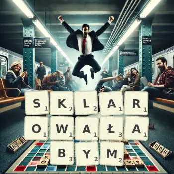 Kreatywna ilustracja do gry w Scrabble ze słowem SKLAROWAŁABYM ułożonym z płytek na planszy.