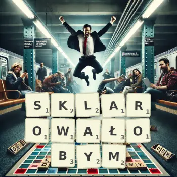 Kreatywna ilustracja do gry w Scrabble ze słowem SKLAROWAŁOBYM ułożonym z płytek na planszy.