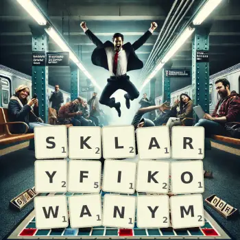 Kreatywna ilustracja do gry w Scrabble ze słowem SKLARYFIKOWANYM ułożonym z płytek na planszy.