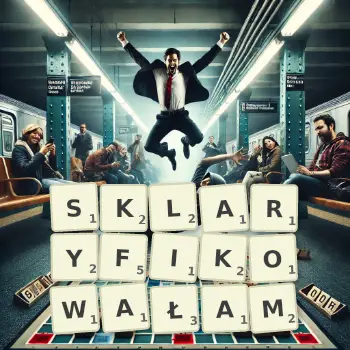 Kreatywna ilustracja do gry w Scrabble ze słowem SKLARYFIKOWAŁAM ułożonym z płytek na planszy.