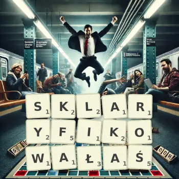 Kreatywna ilustracja do gry w Scrabble ze słowem SKLARYFIKOWAŁAŚ ułożonym z płytek na planszy.