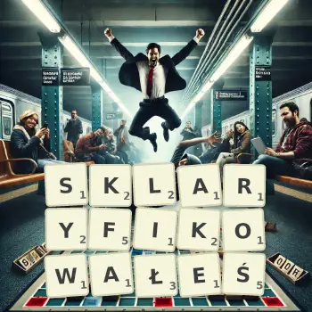 Kreatywna ilustracja do gry w Scrabble ze słowem SKLARYFIKOWAŁEŚ ułożonym z płytek na planszy.