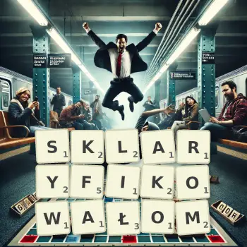 Kreatywna ilustracja do gry w Scrabble ze słowem SKLARYFIKOWAŁOM ułożonym z płytek na planszy.