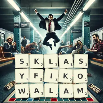 Kreatywna ilustracja do gry w Scrabble ze słowem SKLASYFIKOWALAM ułożonym z płytek na planszy.