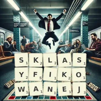 Kreatywna ilustracja do gry w Scrabble ze słowem SKLASYFIKOWANEJ ułożonym z płytek na planszy.