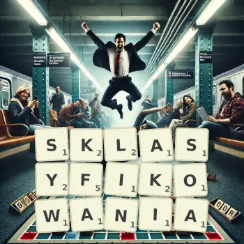 Kreatywna ilustracja do gry w Scrabble ze słowem SKLASYFIKOWANIA ułożonym z płytek na planszy.