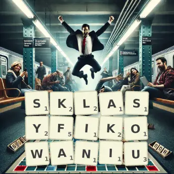 Kreatywna ilustracja do gry w Scrabble ze słowem SKLASYFIKOWANIU ułożonym z płytek na planszy.