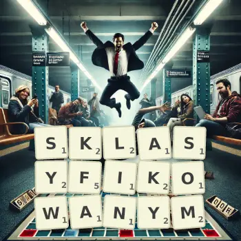 Kreatywna ilustracja do gry w Scrabble ze słowem SKLASYFIKOWANYM ułożonym z płytek na planszy.