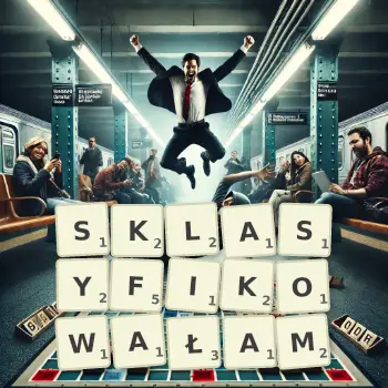 Kreatywna ilustracja do gry w Scrabble ze słowem SKLASYFIKOWAŁAM ułożonym z płytek na planszy.