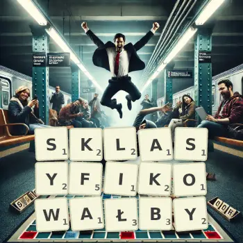 Kreatywna ilustracja do gry w Scrabble ze słowem SKLASYFIKOWAŁBY ułożonym z płytek na planszy.