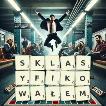 Kreatywna ilustracja do gry w Scrabble ze słowem SKLASYFIKOWAŁEM ułożonym z płytek na planszy.