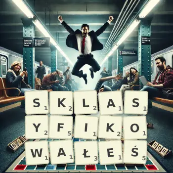 Kreatywna ilustracja do gry w Scrabble ze słowem SKLASYFIKOWAŁEŚ ułożonym z płytek na planszy.