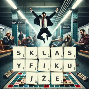 Kreatywna ilustracja do gry w Scrabble ze słowem SKLASYFIKUJŻE ułożonym z płytek na planszy.