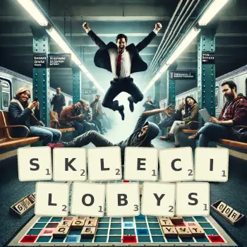 Kreatywna ilustracja do gry w Scrabble ze słowem SKLECILOBYS ułożonym z płytek na planszy.