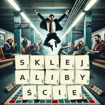Kreatywna ilustracja do gry w Scrabble ze słowem SKLEJALIBYŚCIE ułożonym z płytek na planszy.