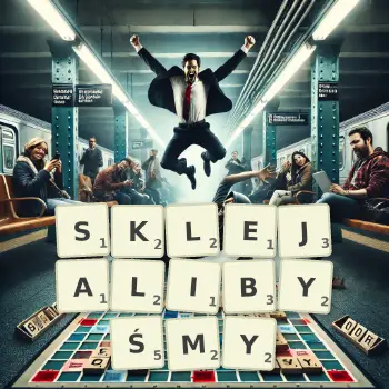 Kreatywna ilustracja do gry w Scrabble ze słowem SKLEJALIBYŚMY ułożonym z płytek na planszy.