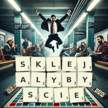 Kreatywna ilustracja do gry w Scrabble ze słowem SKLEJALYBYSCIE ułożonym z płytek na planszy.