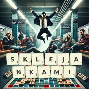 Kreatywna ilustracja do gry w Scrabble ze słowem SKLEJANKAMI ułożonym z płytek na planszy.