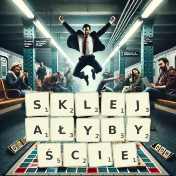 Kreatywna ilustracja do gry w Scrabble ze słowem SKLEJAŁYBYŚCIE ułożonym z płytek na planszy.