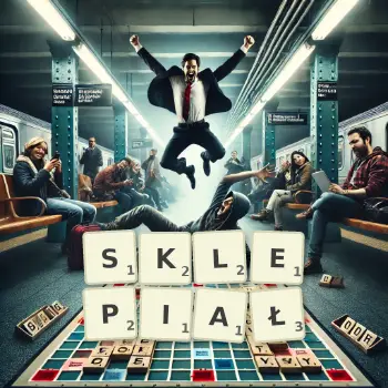 Kreatywna ilustracja do gry w Scrabble ze słowem SKLEPIAŁ ułożonym z płytek na planszy.