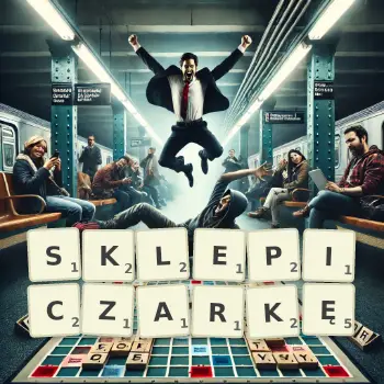 Kreatywna ilustracja do gry w Scrabble ze słowem SKLEPICZARKĘ ułożonym z płytek na planszy.