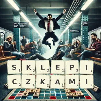 Kreatywna ilustracja do gry w Scrabble ze słowem SKLEPICZKAMI ułożonym z płytek na planszy.