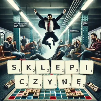 Kreatywna ilustracja do gry w Scrabble ze słowem SKLEPICZYNĘ ułożonym z płytek na planszy.